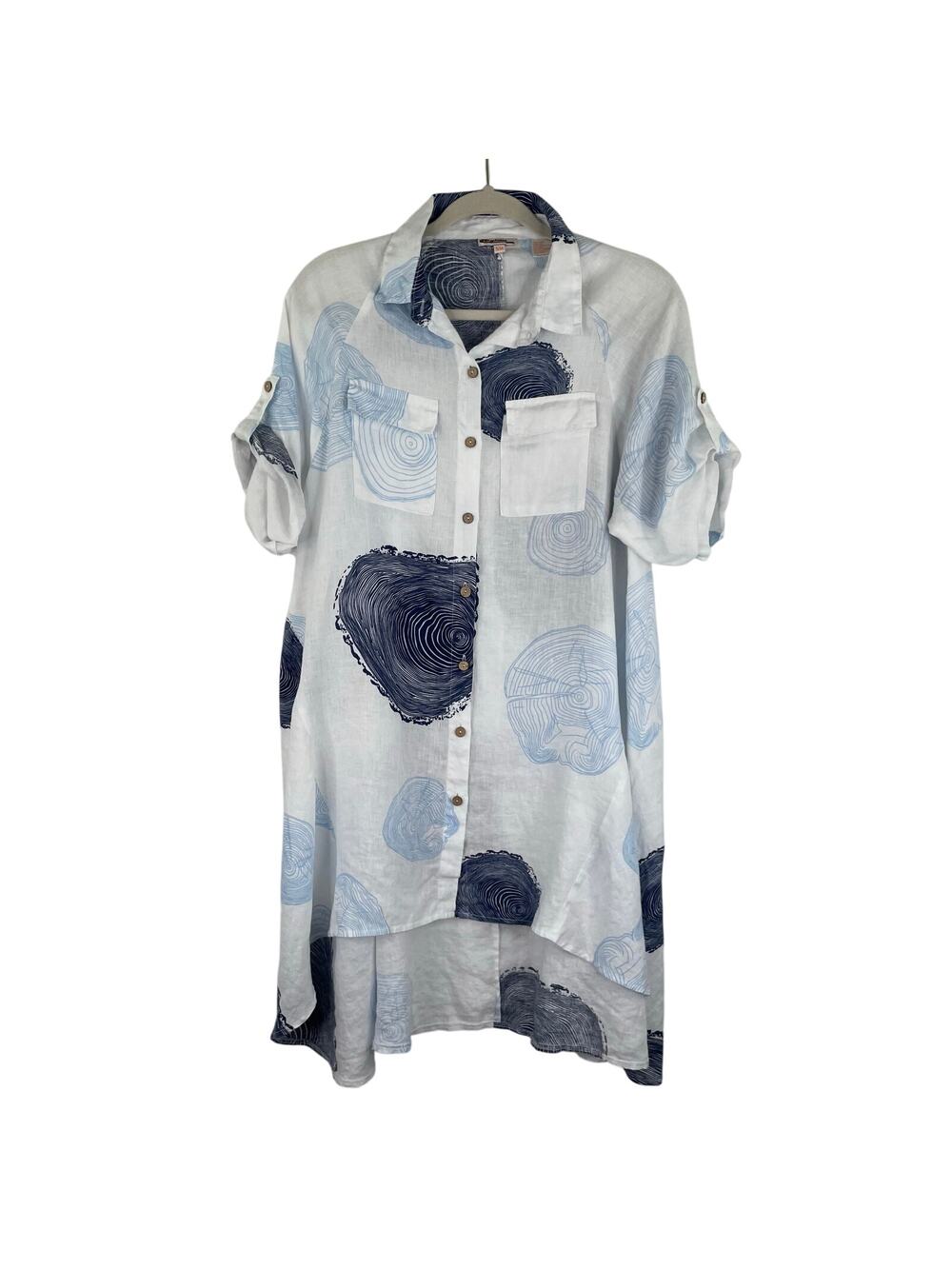 AZUCAR 100% Linen Blue White High-Low Tunic Blouse S/M Oversized Coastal